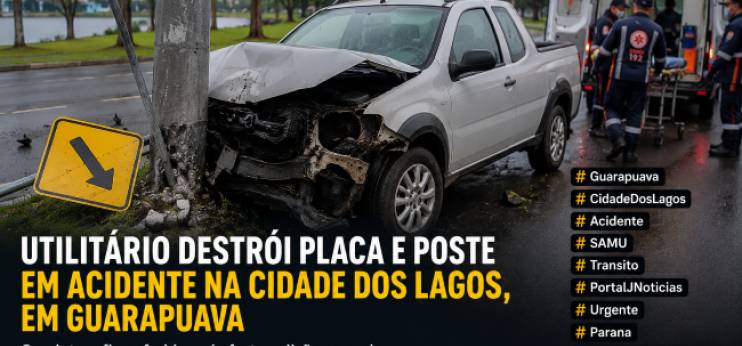 UTILITÁRIO DESTRÓI PLACA E POSTE EM ACIDENTE NA CIDADE DOS LAGOS, EM GUARAPUAVA