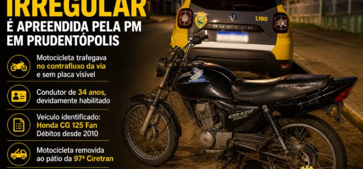 Motocicleta irregular é apreendida pela PM em Prudentópolis após trafegar na contramão