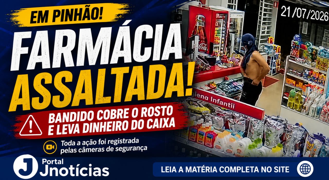 Homem invade farmácia, simula estar armado e rouba dinheiro do caixa no Centro do Pinhão