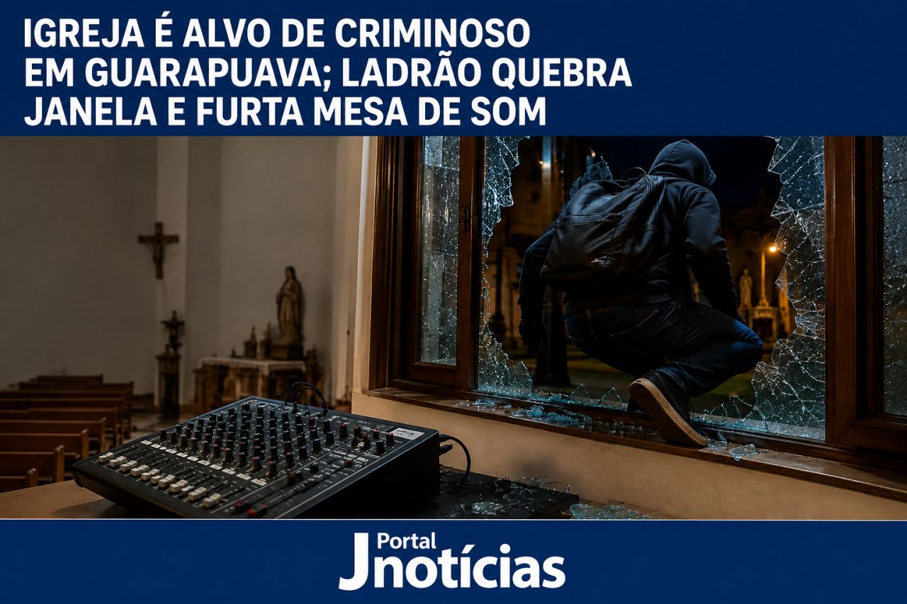 Igreja é alvo de criminoso em Guarapuava; ladrão quebra janela e furta mesa de som durante a madrugada