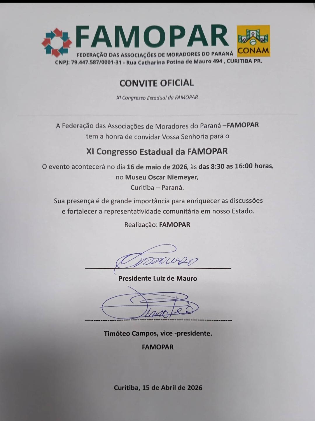 Congresso Estadual da FAMOPAR reunirá lideranças comunitárias de todo o Paraná em Curitiba
