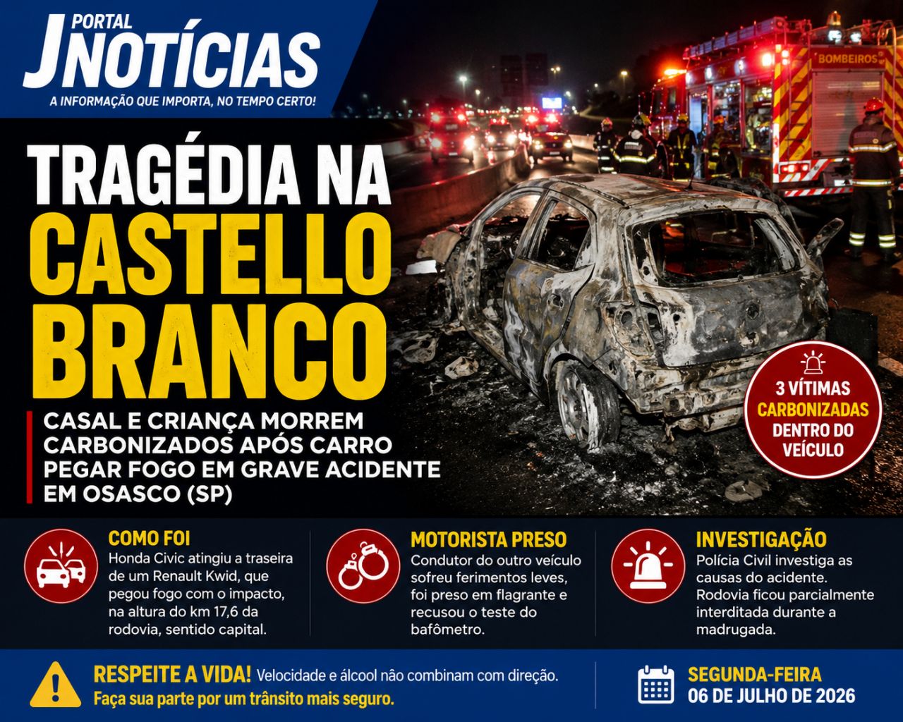 Tragédia na Castello Branco: casal e criança morrem carbonizados após carro pegar fogo em grave acidente
