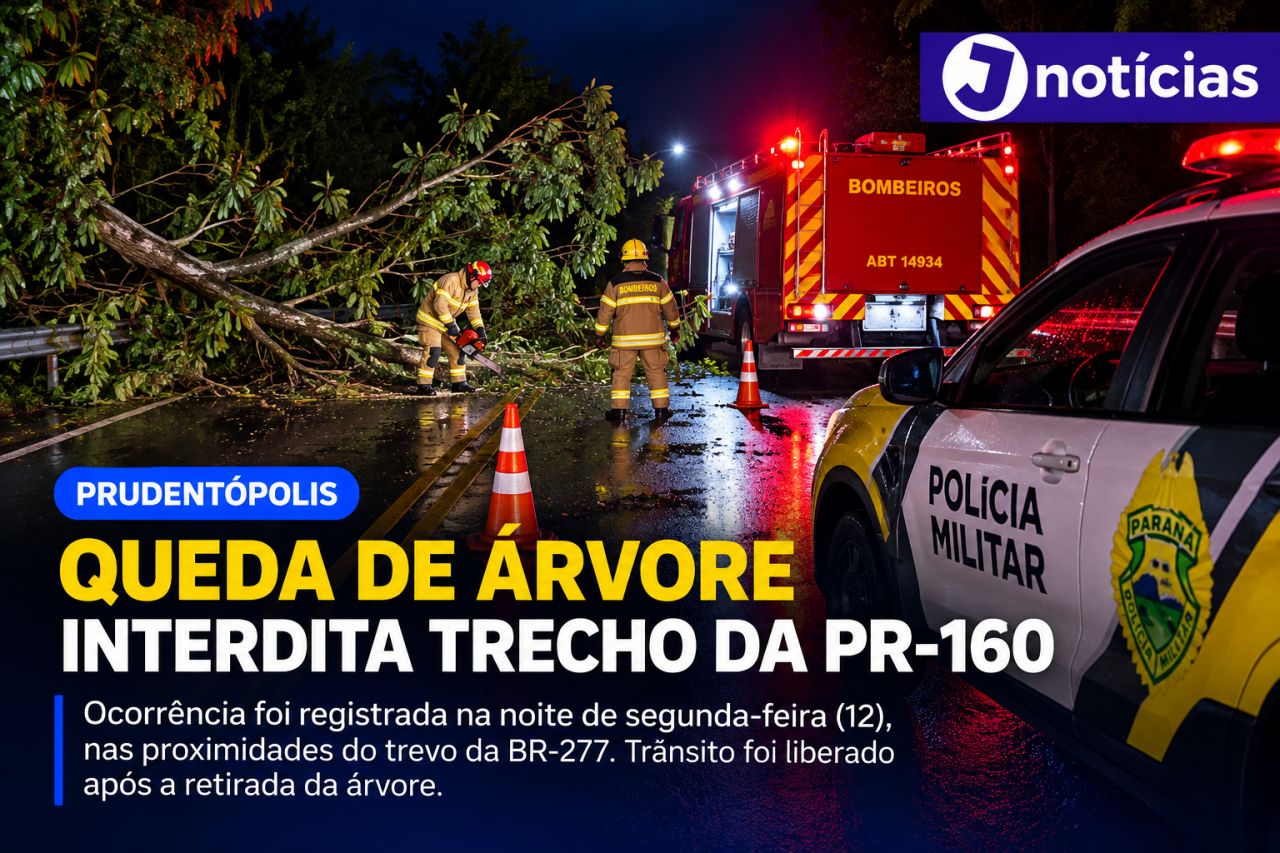 Queda de árvore interdita trecho da PR-160 e mobiliza Bombeiros e Polícia Militar em Prudentópolis
