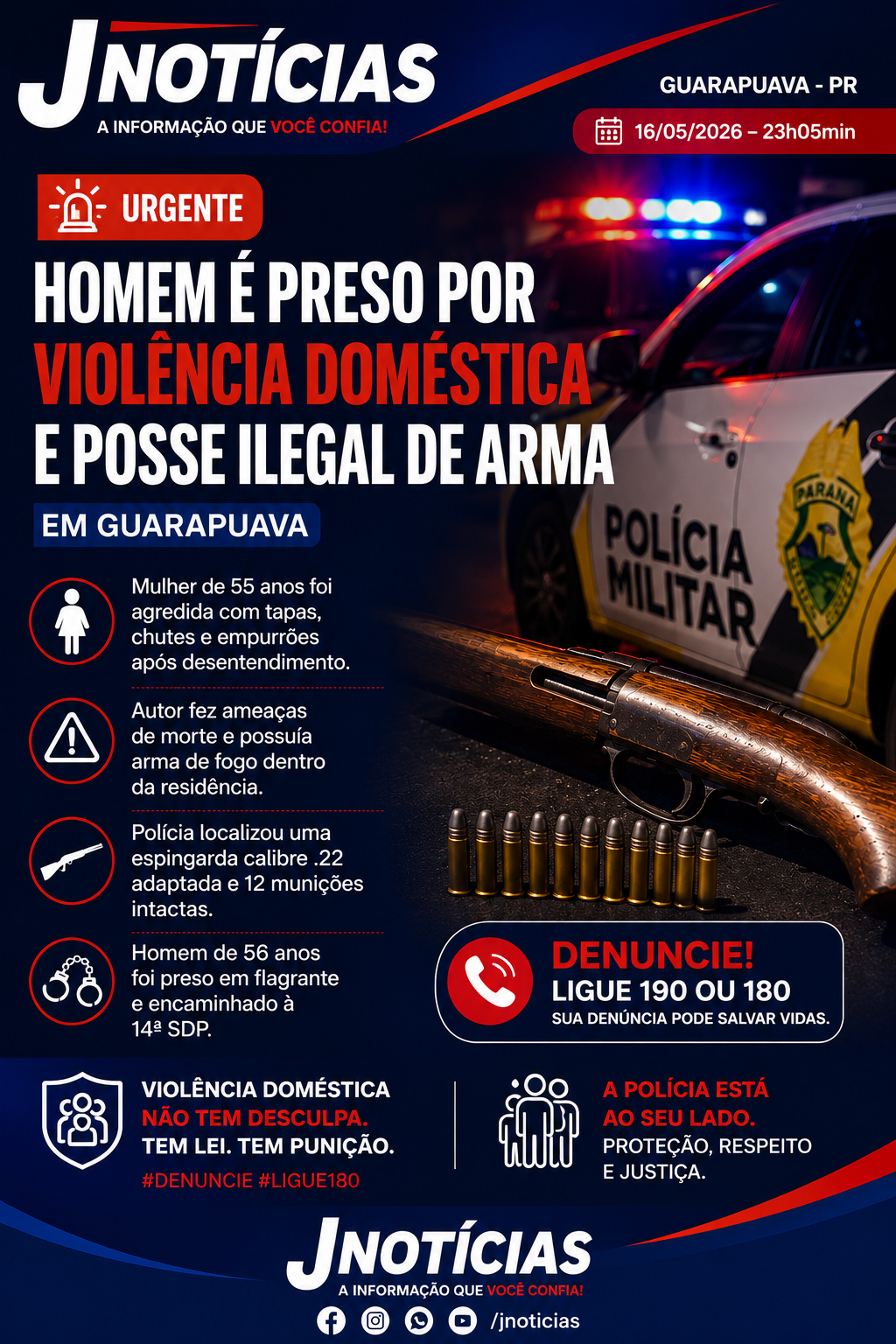 Homem é preso por violência doméstica e posse ilegal de arma após ameaçar matar companheira em Guarapuava