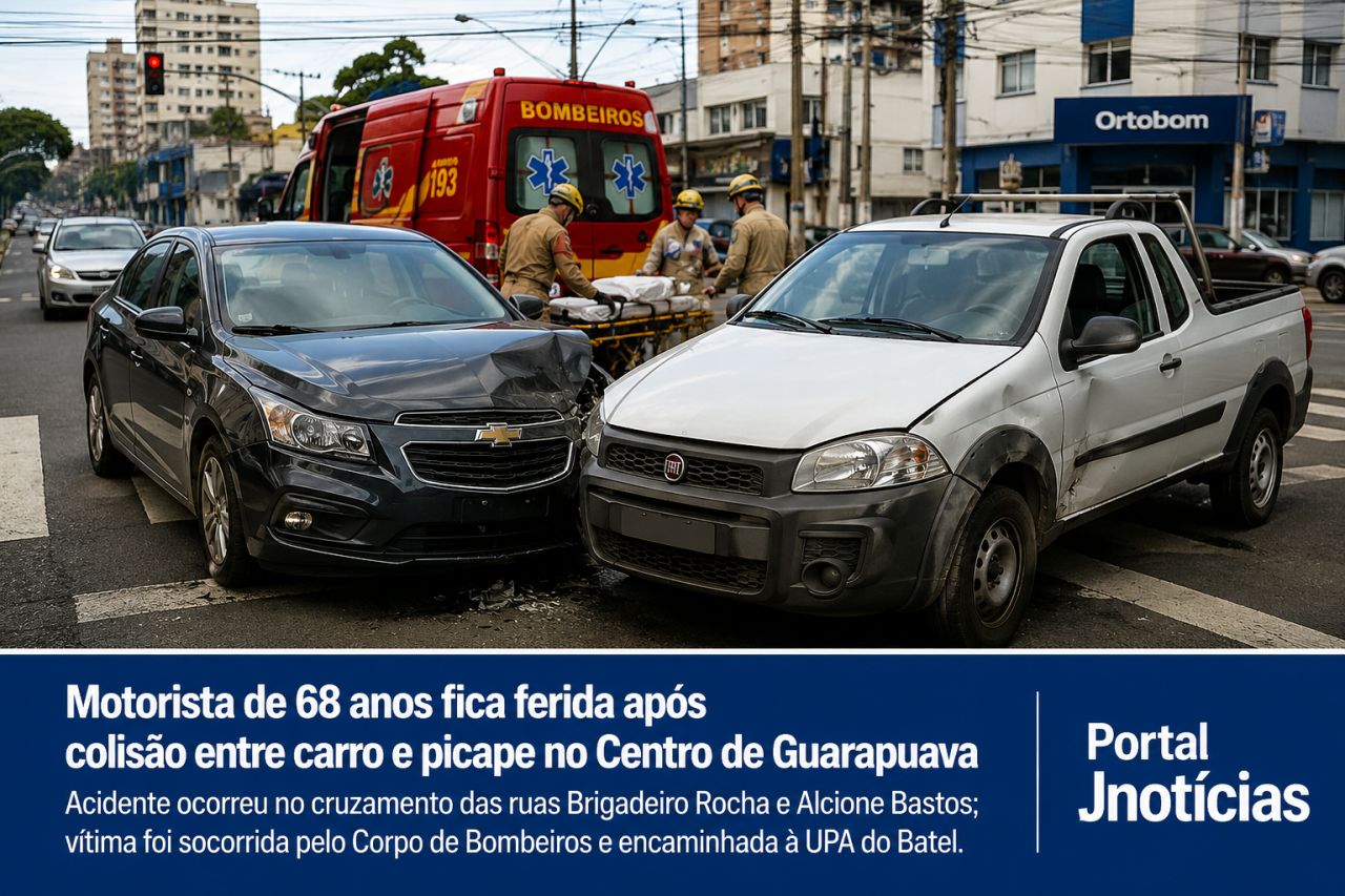 Motorista de 68 anos fica ferida após colisão entre carro e picape no Centro de Guarapuava