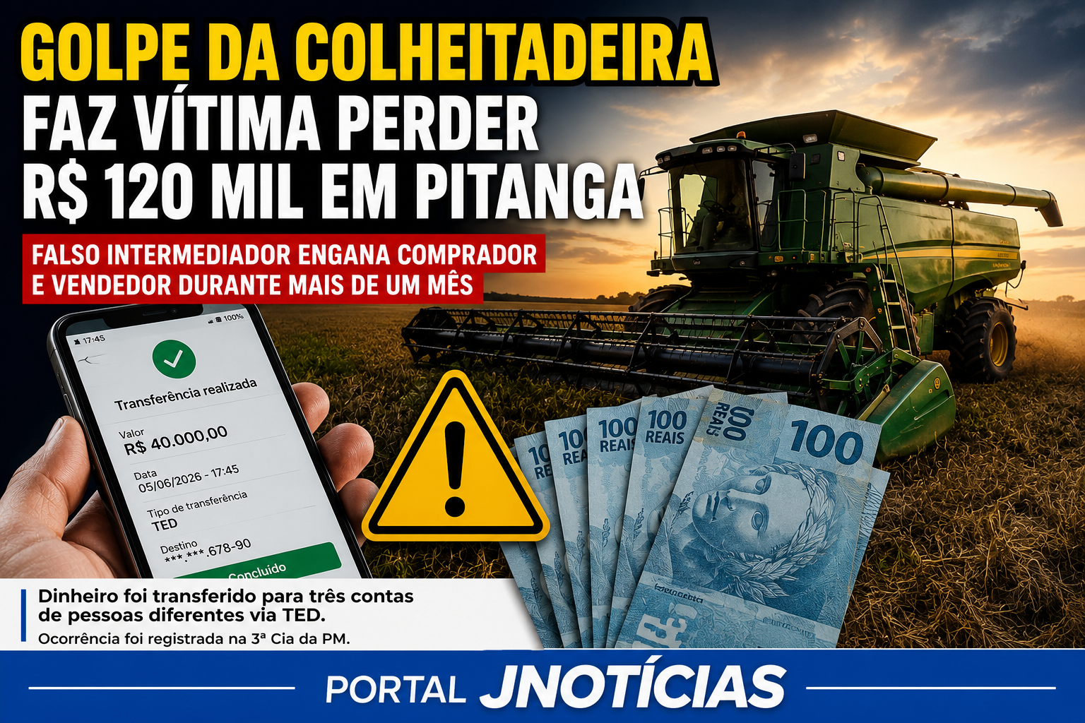 GOLPE DA COLHEITADEIRA FAZ VÍTIMA PERDER R$ 120 MIL EM PITANGA