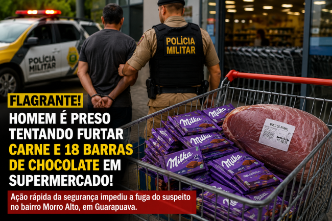 Homem é flagrado tentando furtar carne e 18 barras de chocolate em supermercado de Guarapuava
