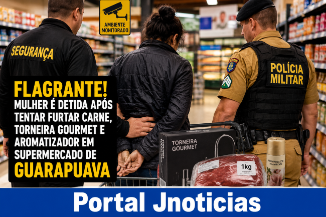 Mulher é flagrada furtando carne e torneira gourmet em supermercado de Guarapuava