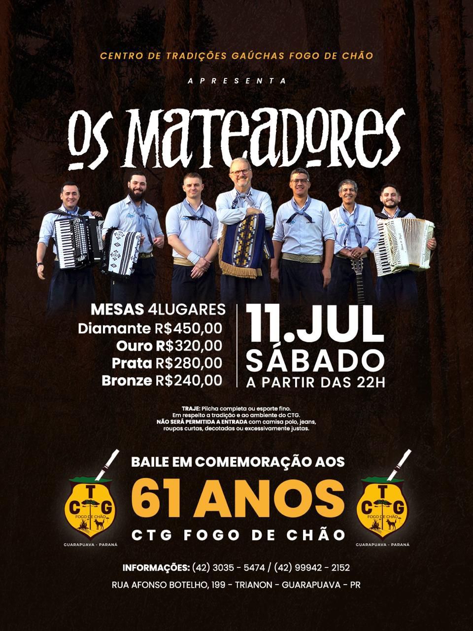 Guarapuava terá grande baile de 61 anos do CTG Fogo de Chão com Os Mateadores