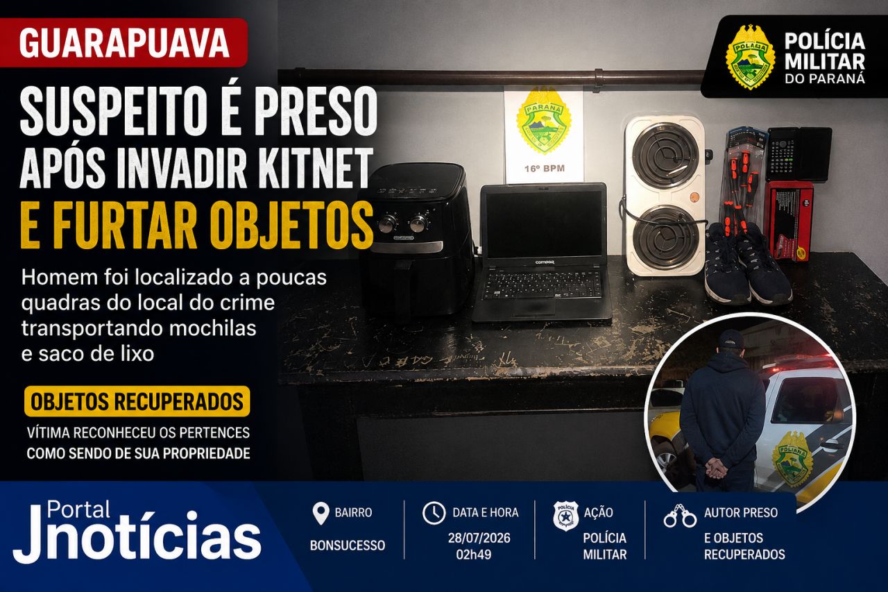 Suspeito é preso após invadir kitnet e furtar objetos no bairro Bonsucesso, em Guarapuava