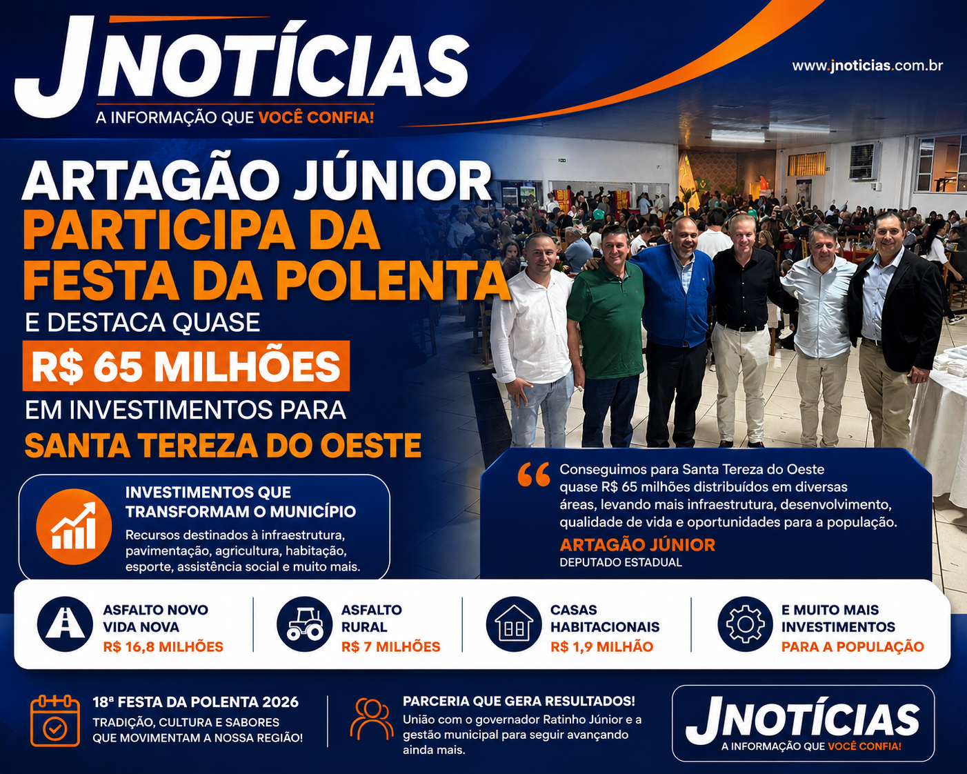 Artagão Júnior participa da Festa da Polenta e destaca quase R$ 65 milhões em investimentos para Santa Tereza do Oeste