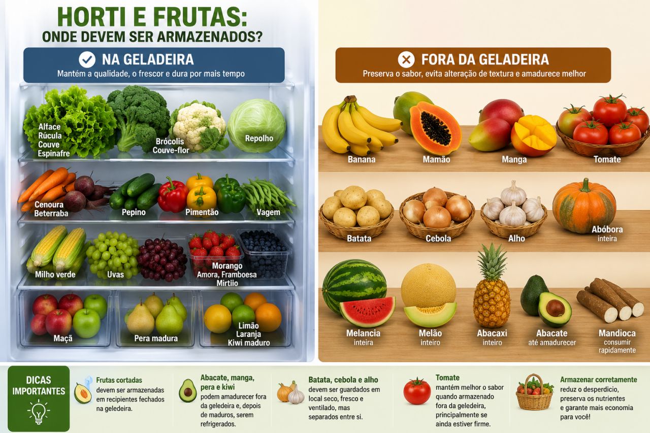 Horti e frutas: saiba quais alimentos devem ficar na geladeira e quais devem ser armazenados fora