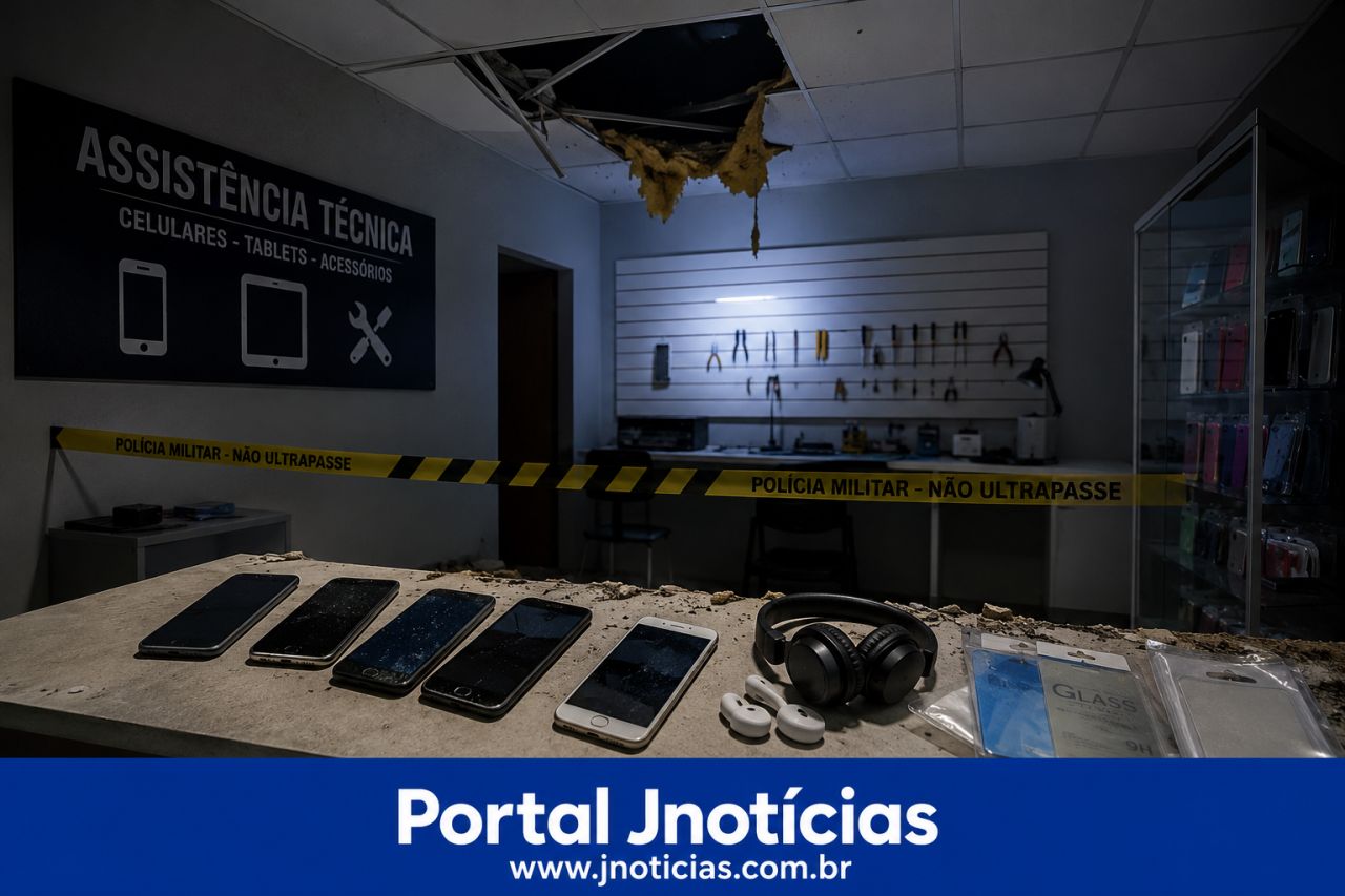 Furto ousado em assistência técnica: criminosos invadem pelo teto e levam celulares de clientes em Campina do Simão